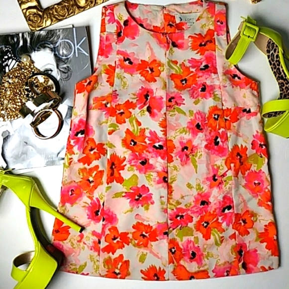 "Ann Taylor Loft" Vibrate Bold Sleeveless Floral Scoop Neck Tunic Top - Picture 2 of 6